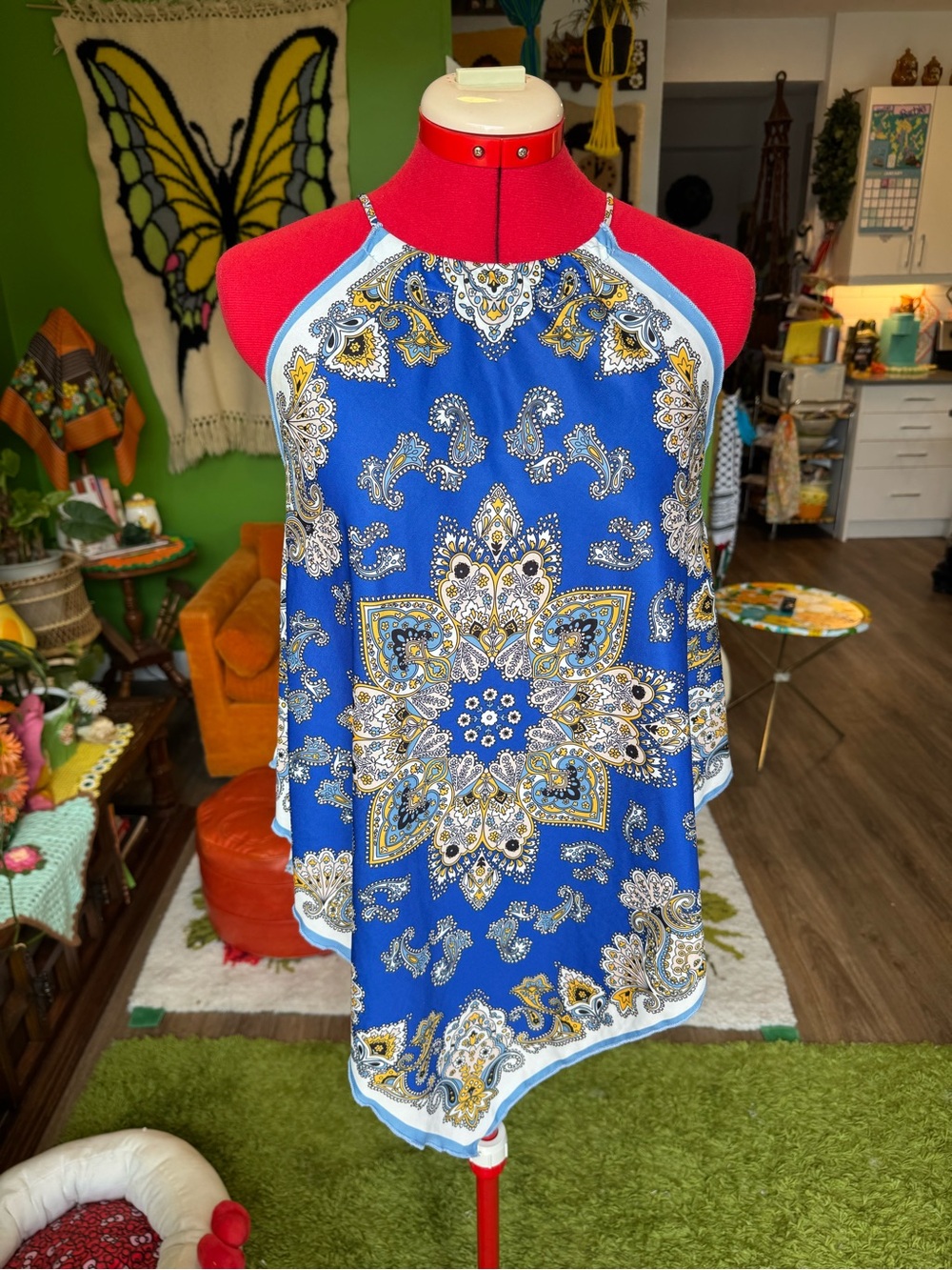 Zara Blue Paisley Halter Tank Top with Yellow & White Accents